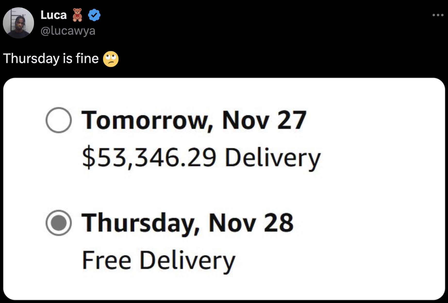 screenshot - Luca Thursday is fine Tomorrow, Nov 27 $53,346.29 Delivery Thursday, Nov 28 Free Delivery ...